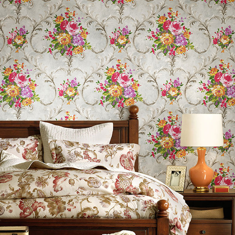 Countryside Blossoming Flower Wall Decor in Grey and Red Leaves Wallpaper, 33'L x 20.5