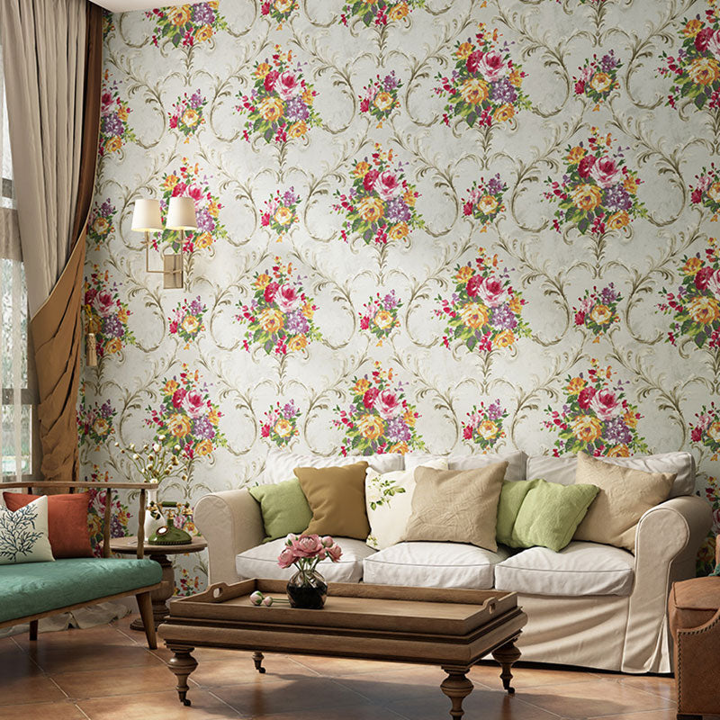 Countryside Blossoming Flower Wall Decor in Grey and Red Leaves Wallpaper, 33'L x 20.5