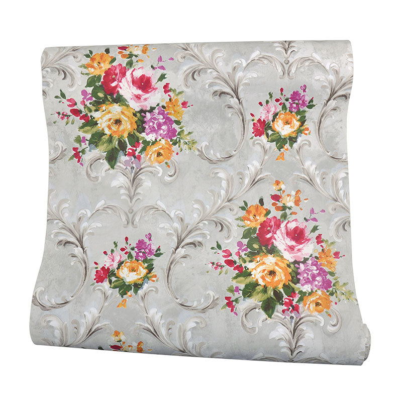 Countryside Blossoming Flower Wall Decor in Grey and Red Leaves Wallpaper, 33'L x 20.5