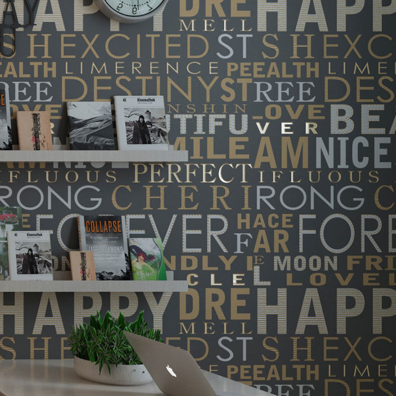 Letters Wall Covering for Accent Wall Graffiti Wallpaper Roll in Dark Color, Stain-Resistant Black Clearhalo 'Industrial wall decor' 'Industrial' 'Wallpaper' Wall Decor' 992590