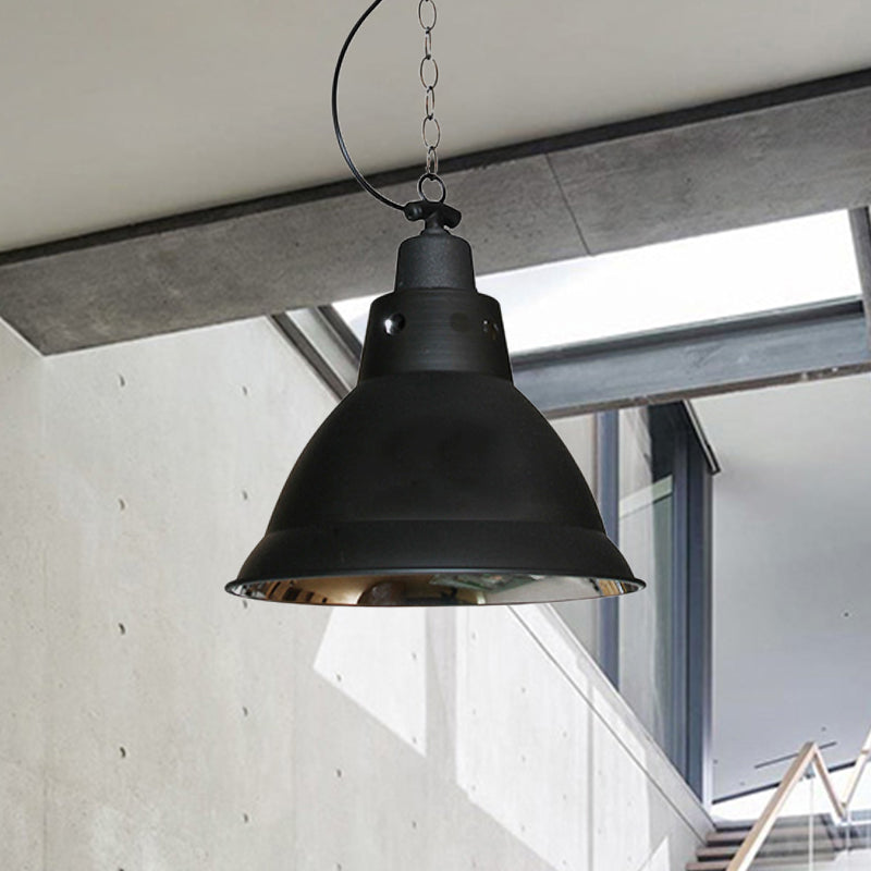 1 Light Dome Pendant Lighting Farmhouse Black Finish Metal Hanging Lamp with Chain for Stairway, 12