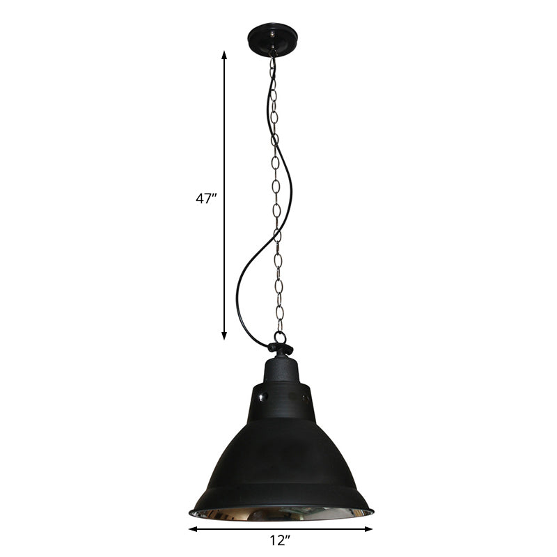 1 Light Dome Pendant Lighting Farmhouse Black Finish Metal Hanging Lamp with Chain for Stairway, 12