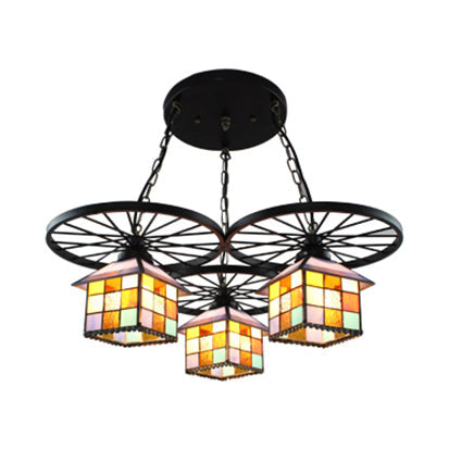 Tiffany Creative Suspension Light with Wheel House 3 Lights Stained Glass Chandelier for Hotel Clearhalo 'Ceiling Lights' 'Close To Ceiling Lights' 'Industrial' 'Middle Century Pendants' 'Pendant Lights' 'Pendants' 'Tiffany close to ceiling' 'Tiffany Pendants' 'Tiffany' Lighting' 99460